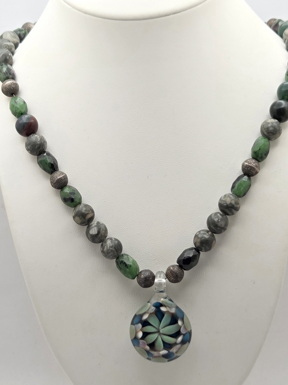 Artisan Lampwork Glass Reversible Pendant Necklace Natural Gemstone Beads 20"